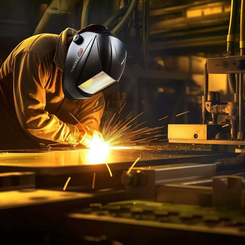 TRQWH laser welding helmet with large viewing visor, black safety mask worn by worker welding metal