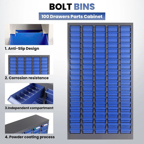 Heavy-Duty 100 Drawer Nut And Bolt Organizer With 8x4x2 Inch Drawers, 26x9x46 Inch Bolt Bin Storage, anti-slip design, blue cabinet