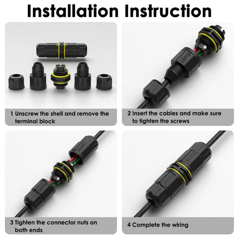 Installation steps for IP68 Weatherproof 3 Way Junction Box for outdoor and underground use with 3 pin electrical connector.