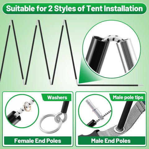 Heavy Duty Tent Pole Replacement Kit For 3-4 Person Tents, 20ft pre-assembled 16-section poles with male and female end compatibility