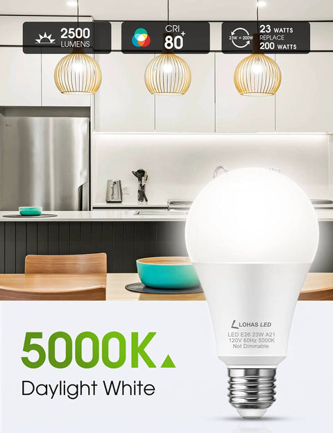 Ultra Bright A21 LED Light Bulb 23W Equivalent 150 To 200W 2500 Lumen 5000K Daylight E26 Non Dim No Flicker Energy Efficient