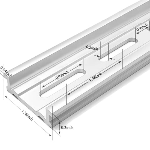 Close-up of Beefy 39 Inch Aluminum DIN Rails Kit With Slotted Design, showing dimensions for easy installation in control panels.
