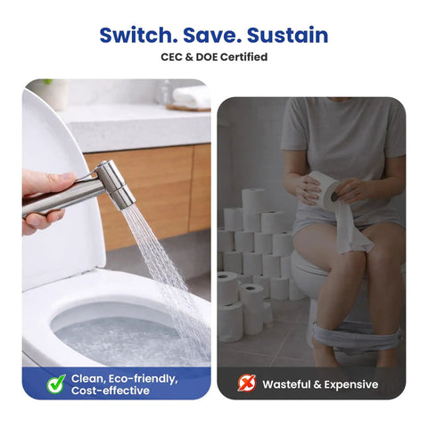 Handheld Toilet Bidet Sprayer With Leak Free Design installed near toilet, showing water spray feature for eco-friendly bathroom cleaning.