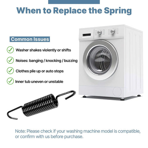 Washer Suspension Spring DC61-01257N Replacement Part next to a front-load washer, addressing shaking and noise issues.