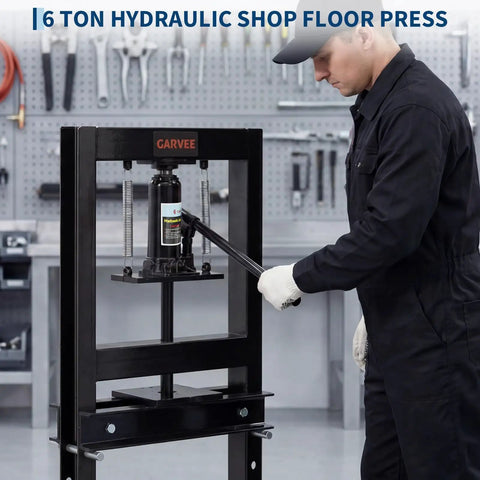 Tough As Nails Six Ton H Frame Hydraulic Shop Press Heavy Duty Steel Workhorse in use for precision metal bending.