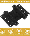 3 Inch Double Action Spring Hinges 4 Pack Matte Black Stainless Steel Self Closing Double Swing Hinges with water droplets showing rust-resistant feature.