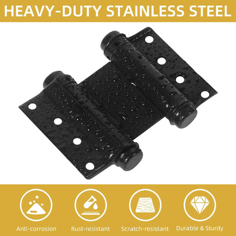 3 Inch Double Action Spring Hinges 4 Pack Matte Black Stainless Steel Self Closing Double Swing Hinges with water droplets showing rust-resistant feature.