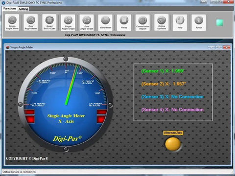 Two-Axis High-Precision Digital Inclination Sensor Module With NIST-Traceable Tilt Angles Inclinometer RS232 RS485 Plug-And-Play Access PC Sync Pro Software Dongle Bundle For Remote PC Readouts software screen showing single-axis tilt readings