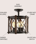 Oil Rubbed Bronze 14 Inch 3-Light Iron Flush Mount Ceiling Light, Rustic Farmhouse Diamond Basket Light Fixture For Kitchen Or Hallway, UL Listed, LED Bulbs Included, showing metal frame design and features.