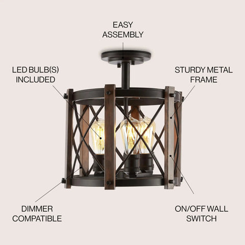 Oil Rubbed Bronze 14 Inch 3-Light Iron Flush Mount Ceiling Light, Rustic Farmhouse Diamond Basket Light Fixture For Kitchen Or Hallway, UL Listed, LED Bulbs Included, showing metal frame design and features.