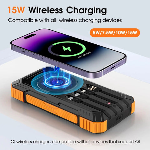 Massive 49800mAh Wireless Power Bank With Built In Cables 22.5W PD 3.0 USB C In Out Fast Charge For iPhone Android iPad Perfect For Camping And Hiking showing wireless charging feature with smartphone on top