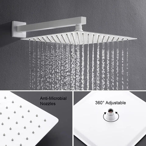 White Shower System With High Pressure Rain Shower Head 12 Inch, water flow, anti-microbial nozzles, 360° adjustable