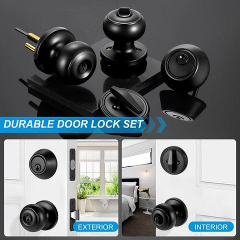 4 Pack Front Door Lock Set in Matte Black With Deadbolt and Door Knob, Keyed Alike Single Cylinder Lockset, Easy Install shown