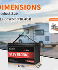 12V 150Ah LiFePO4 Deep Cycle Battery For Solar RV Marine Camping And Off Grid Use With 100A BMS Low Temp Protection, size shown