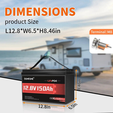 12V 150Ah LiFePO4 Deep Cycle Battery For Solar RV Marine Camping And Off Grid Use With 100A BMS Low Temp Protection, size shown