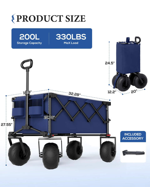 Beach Wagon With 9 Inch Balloon Wheels For Sand 200L Cart dimensions and included pump illustration