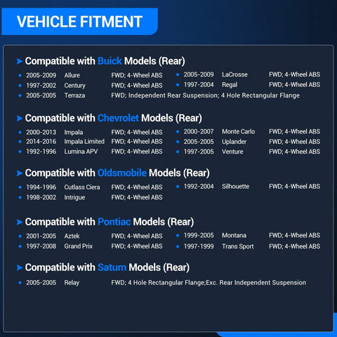 Vehicle fitment guide for Rear Wheel Hub And Bearing Assembly 5 Lug With ABS For Front Wheel Drive GM Vehicles