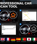 Dashboard and screens displaying AL400 OBD2 Scanner For Cars And Light Trucks, Code Reader with DTC Lookup and Data Stream visuals.