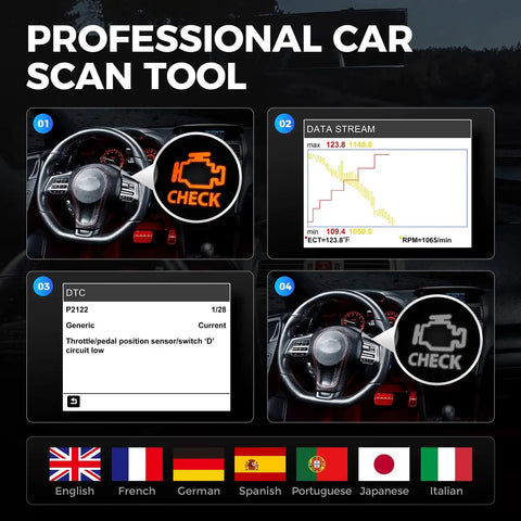 Dashboard and screens displaying AL400 OBD2 Scanner For Cars And Light Trucks, Code Reader with DTC Lookup and Data Stream visuals.