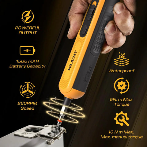 Close-up of 4V Cordless Electric Screwdriver Set With USB C Charge LED Light 26 S2 Bits dual activation, torque and battery features.