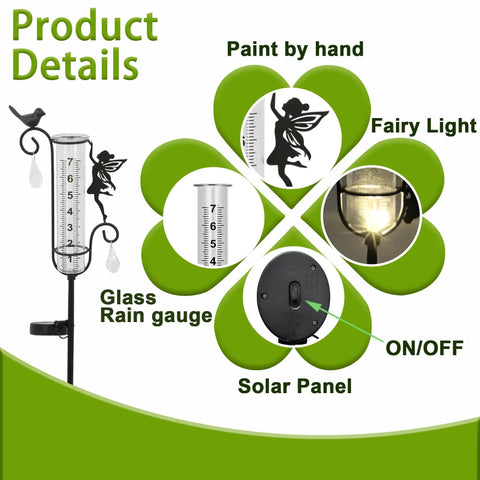 Solar Powered Glass Weather Station Rain Gauge Garden Stake with Freeze Proof Design and Fairy Garden Decor details