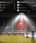 Solar Flood Lights With Motion Sensor, 2500LM Super Bright Outdoor Security Lights illuminating porch at night with 180° range.