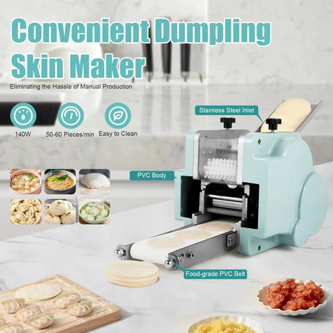 Automatic Commercial Dumpling Skin Maker Machine One Touch Operation, PVC body, stainless steel inlet, creating dough rounds.