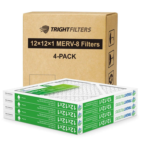 12x12x1 Air Filter 4 Pack MERV 8 Pleated Filters For Home HVAC AC Furnace Replacement, box and filters with white cardboard frame