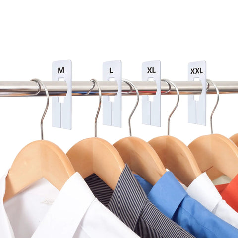 40 Pack Preprinted Rectangular White Closet Rack Dividers In 8 Sizes XXS Through XXXL, Double Sided, 2.5 By 5 Inches, Inner Diameter 1.38 Inches, Ready To Use Hanger Friendly Organizer