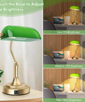 Green Glass Bankers Lamp With 2 USB Ports And Touch Control Brass Base 3 Way Dimmable Vintage Desk Lamp in different settings