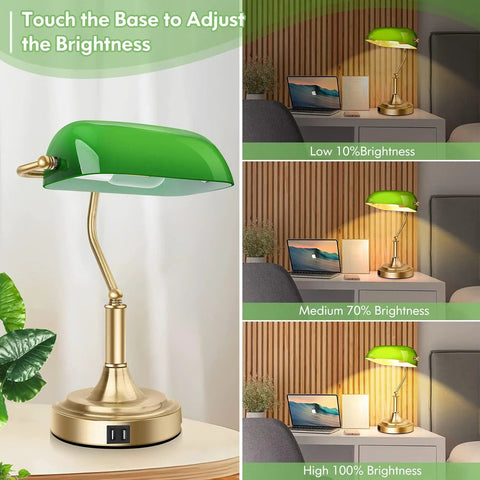 Green Glass Bankers Lamp With 2 USB Ports And Touch Control Brass Base 3 Way Dimmable Vintage Desk Lamp in different settings