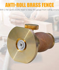 Close-up of Pro Grade Wheel Marking Gauge Kit with anti-roll brass head and hornbeam wood holder, showing micro adjuster ruler.