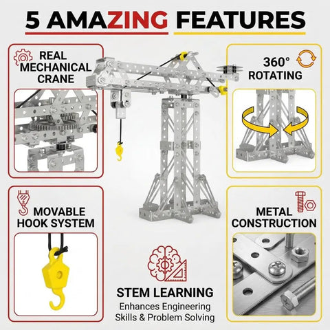 3 In 1 Metal Construction Kit With 273 Parts Tower Crane Frame Crane Windmill Model showcasing features like rotating crane.