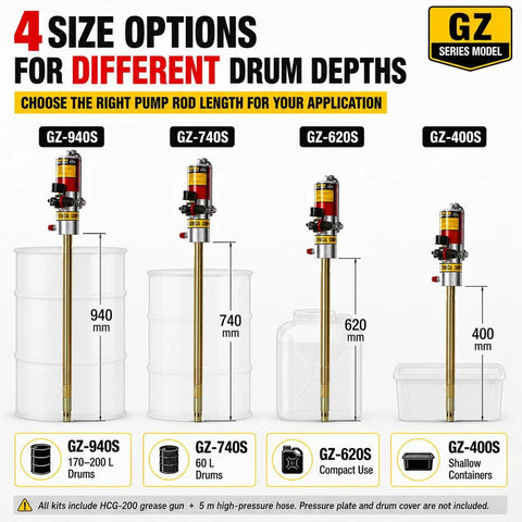 Beefed Up Heavy Duty Fifty To One Air Operated Grease Pump With Sixteen Foot Hose For Twenty To Fifty Five Gallon Pails Industrial Pneumatic Grease Gun For Workshops And Construction Speedy Output GZ 740S shown in various sizes for drum depths.