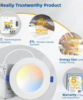 12 Pack 4 Inch Ultra Thin LED Recessed Lighting Canless Retrofit Dimmable Lights With Selectable 2700K 3000K 3500K 4000K 5000K, 1200 Lumens, 12W, Energy Star And ETL Certified, Easy Install shown with certification badges