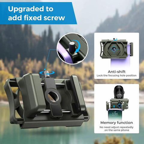 Universal Phone Digiscoping Adapter for Telescope and Spotting Scope with remote shutter, upgraded fixed screw feature shown