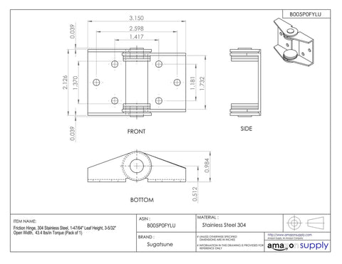 Technical drawing of Durable 304 Stainless Steel Friction Hinge for Monitors and Displays, showing dimensions and features.