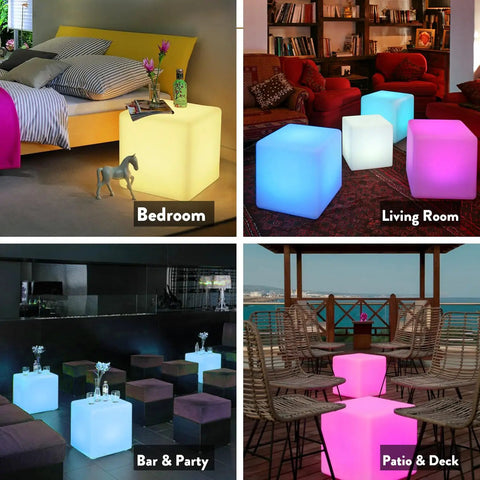 16 Inch LED Cube Chair Light With 16 RGB Colors Glow Cube Seat Waterproof Floor Lamp For Home Patio Poolside Parties Doubles As A Lighted Side Table And Chill Vibe Center With Remote in various home settings.