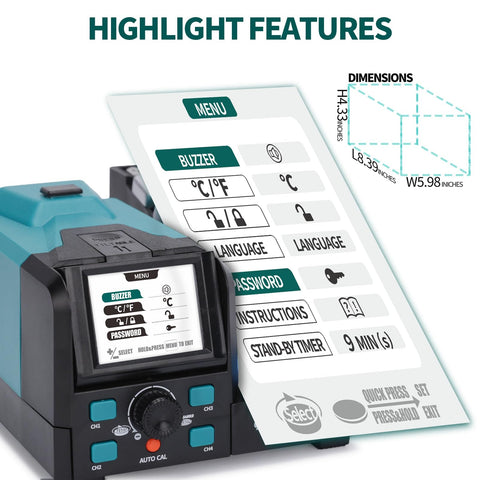 Two In One Microsoldering Station With Precision Iron And Hot Tweezers, control menu interface, dimensions 8.39 in x 4.33 in x 5.98 in