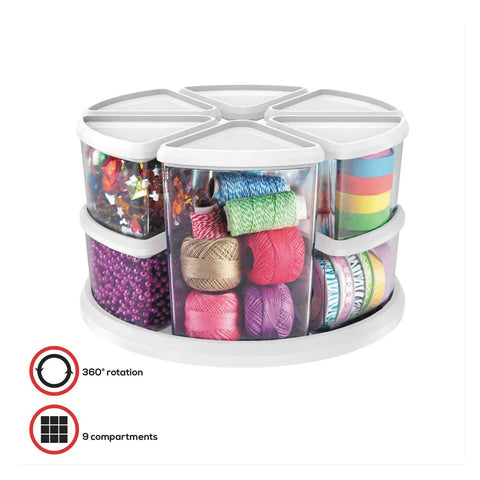 Rotating Craft Organizer Carousel With Nine Removable Canisters And Clear Lids, showing colorful supplies neatly organized
