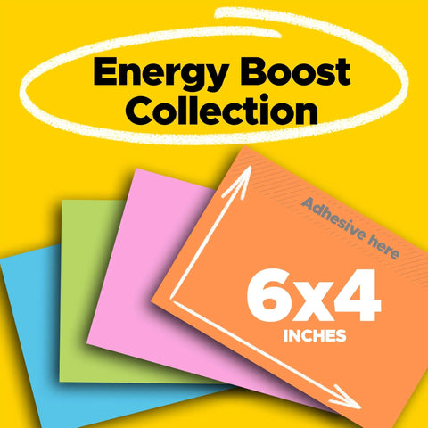 Two Times The Stickiness Eight 6 By 4 Inch Sticky Note Pads with 45 Sheets Each, Energy Boost Collection with vibrant colors.