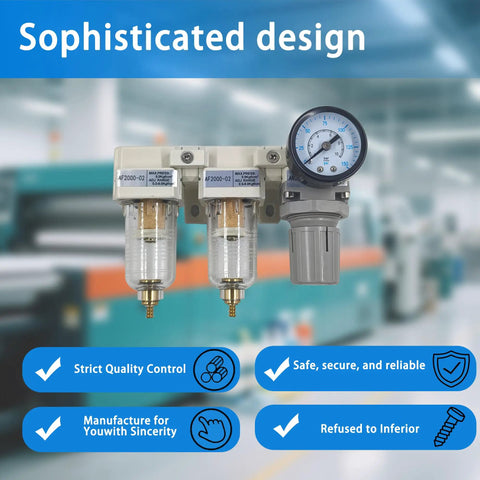 Dual Air Filter And Regulator Combo With Water And Oil Trap Separator And Drying System Pressure Gauge 0 To 150 Psi Manual Drain Poly Bowl And Metal Bracket For One Quarter Inch NPT Lines with quality assurance