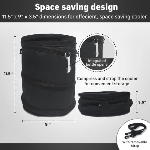 Soft Sided Collapsible Insulated Golf Cart Cooler Bag That Attaches To Cart Basket Or Fender, shown folded and unfolded