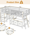 Diagram of Low Loft Bed For Kids With Seven Storage Drawers And Built In Bookcase Twin Size Space Saving 14 Inch Guardrail Inclined Ladder LED Lights Under Bed Play Space Heavy Duty Steel Slat Support Gray with dimensions.