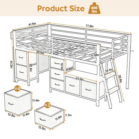 Diagram of Low Loft Bed For Kids With Seven Storage Drawers And Built In Bookcase Twin Size Space Saving 14 Inch Guardrail Inclined Ladder LED Lights Under Bed Play Space Heavy Duty Steel Slat Support Gray with dimensions.