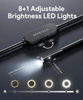 2K Endoscope With Light, Dual Lens Borescope showing adjustable LED brightness and flexible snake cable for inspection.