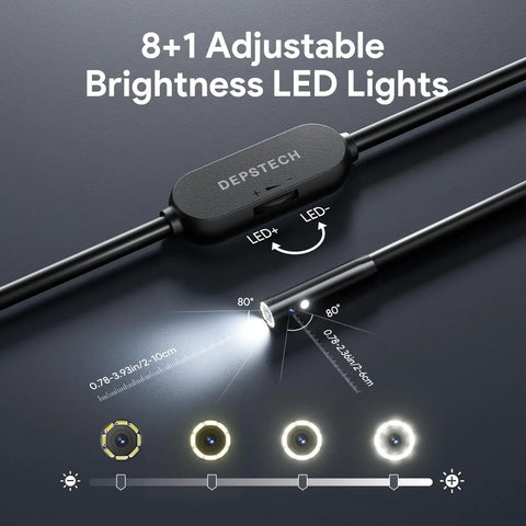 2K Endoscope With Light, Dual Lens Borescope showing adjustable LED brightness and flexible snake cable for inspection.