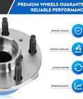 Front Wheel Hub and Bearing Assembly 5-Lug with ABS details and features highlighted, showing durable metal composition and benefits.