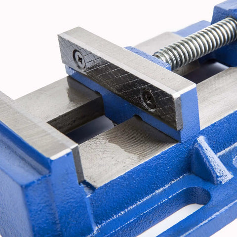 Close-up of 3 Inch Heavy Duty Drill Press Vise serrated steel jaws showcasing solid cast iron construction.