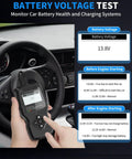 Person using OBD2 Diagnostic Scanner For All Vehicles After 1996 With IM Readiness Real Time Data Stream Battery Health Tester